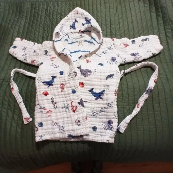 Malabar Baby Kids White Organic Cotton Muslin Sea Life Hooded Robe 1-2 Years - Picture 4 of 8